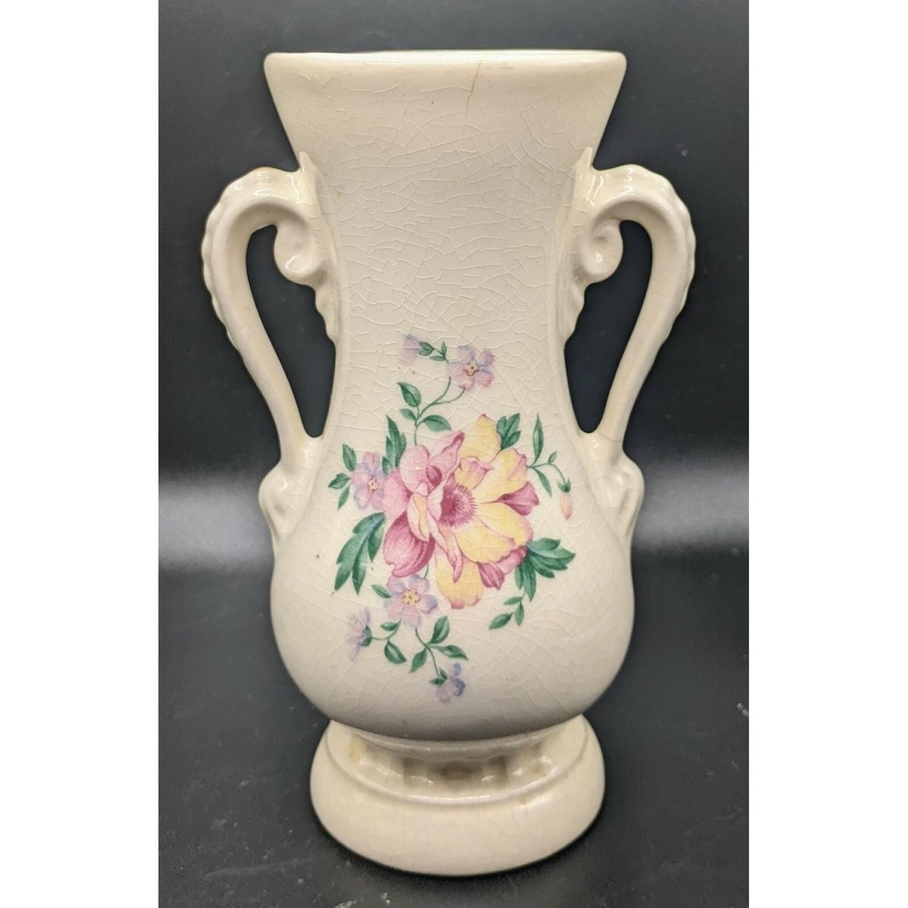VTG Royal Copley VASE Floral Design Double Handles 6" Tall (Crazing)